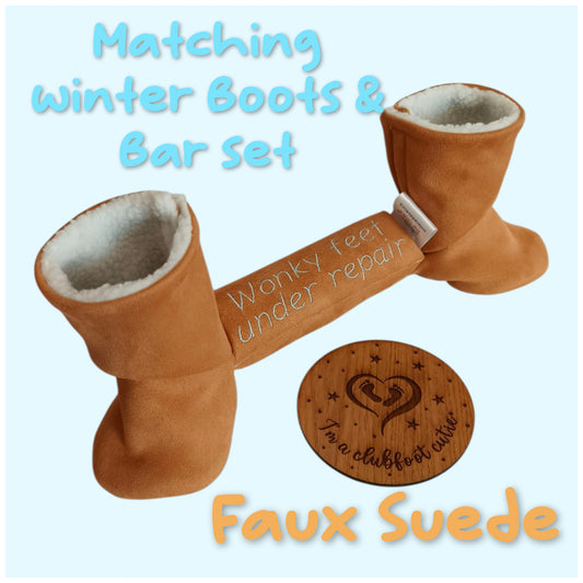 Clubfoot Matching Winter Boots & Bar set in Faux Suede