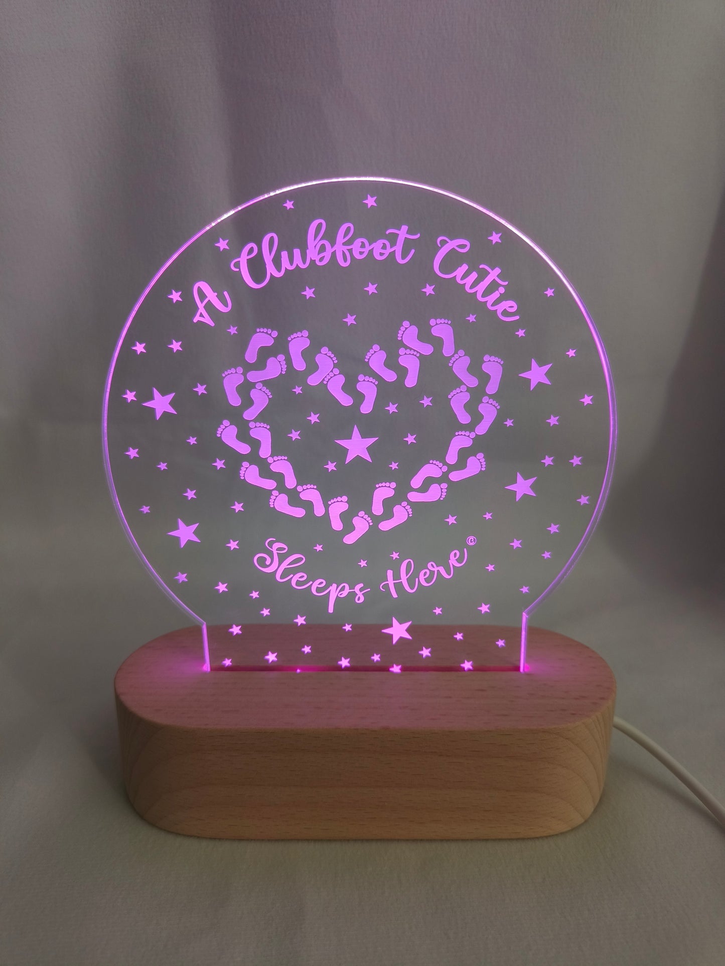 Clubfoot Night light - A Clubfoot Cutie Sleeps Here Personalisation & white or multicoloured lights available