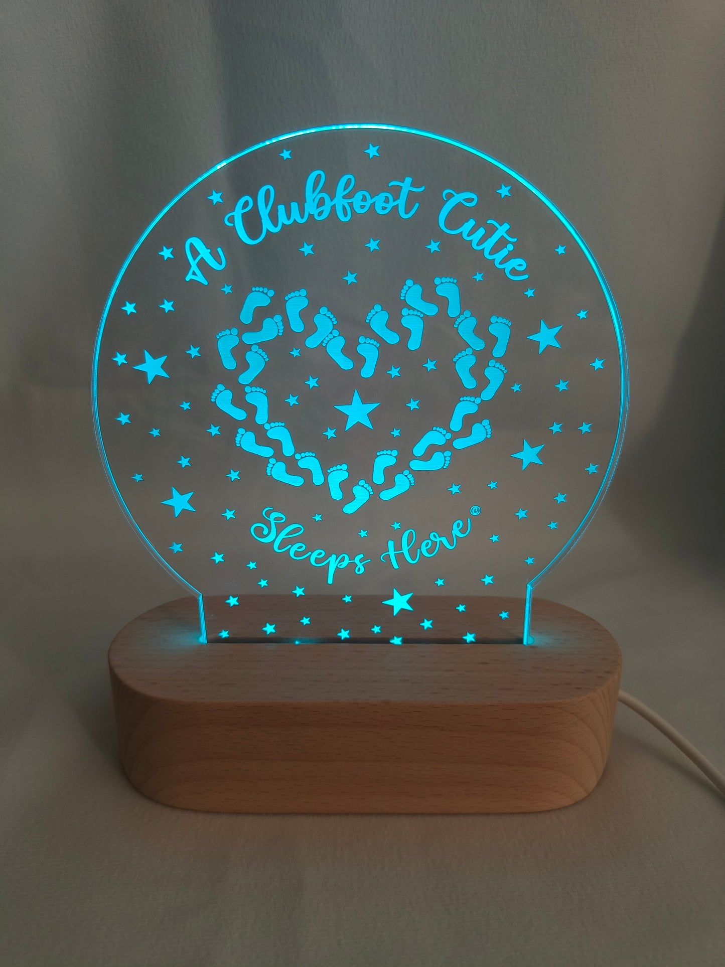 Clubfoot Night light - A Clubfoot Cutie Sleeps Here Personalisation & white or multicoloured lights available